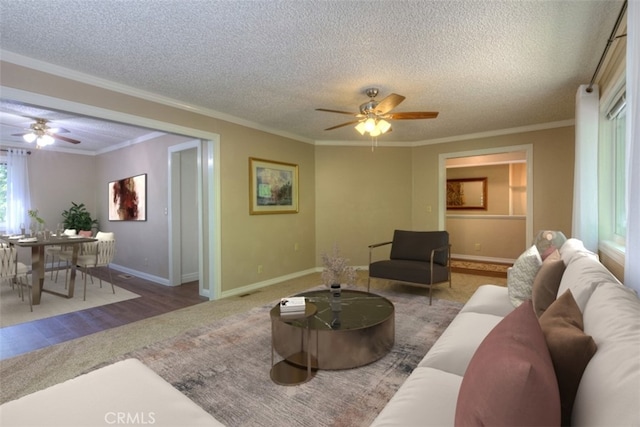 6125 Desabla Ln, Magalia, CA 95954 - living area featuring a ceiling fan, carpet floors, a textured ceiling, ornamental molding, and baseboards