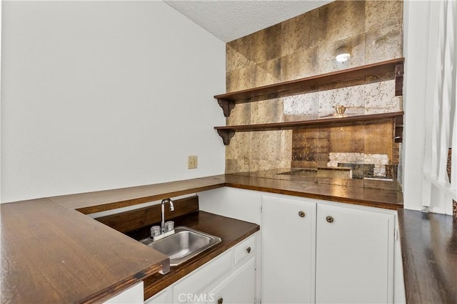19627 Goldstream Way, Newhall, CA 91321 - kitchen featuring a sink, open shelves, white cabinetry, a textured ceiling, and backsplash