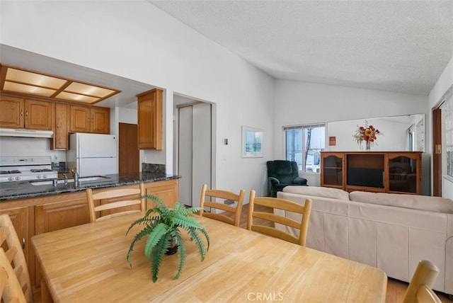 17152 Pacific Coast Unit 19, Huntington Beach, CA 92649 - dining room featuring vaulted ceiling and a textured ceiling