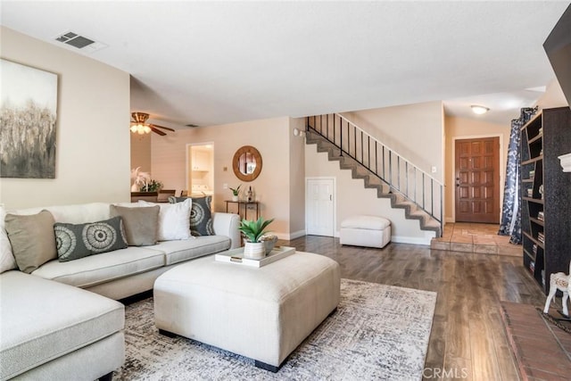 2209 E Badillo St, Covina, CA 91724 - living area with stairway, wood finished floors, ceiling fan, and baseboards