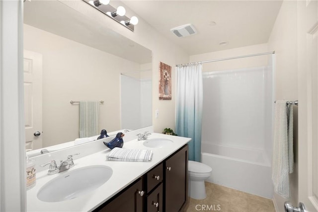 4337 Rima Dr, Fontana, CA 92336 - full bath with shower / bathtub combination with curtain, toilet, double vanity, and tile patterned flooring