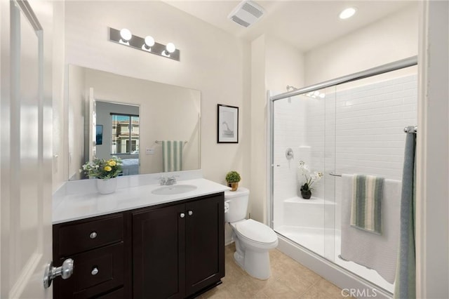 4337 Rima Dr, Fontana, CA 92336 - full bathroom with toilet, vanity, a stall shower, tile patterned flooring, and recessed lighting