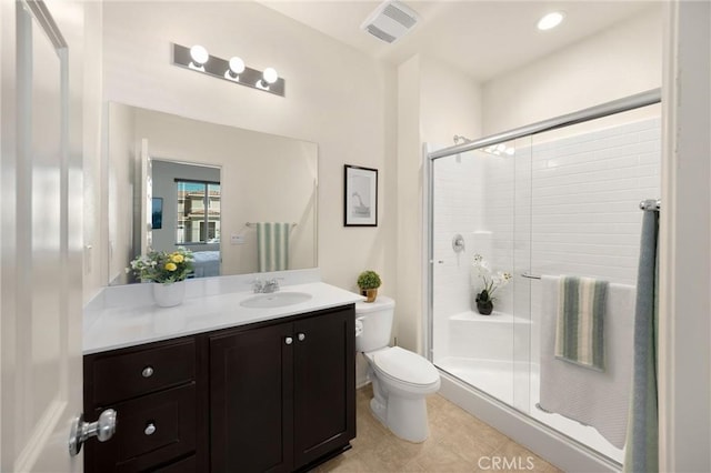 4337 Rima Dr, Fontana, CA 92336 - full bath featuring vanity, a shower stall, tile patterned floors, and recessed lighting