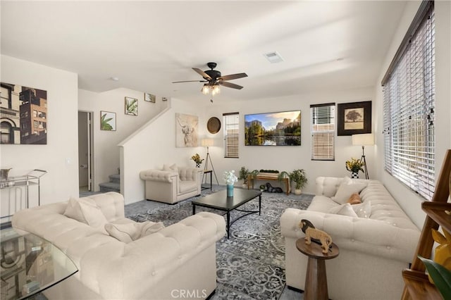 4337 Rima Dr, Fontana, CA 92336 - living room featuring stairs and ceiling fan