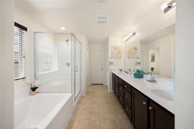 4337 Rima Dr, Fontana, CA 92336 - full bath with a shower stall, double vanity, a bath, and tile patterned floors