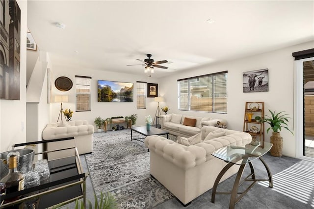 4337 Rima Dr, Fontana, CA 92336 - living area featuring a ceiling fan and carpet