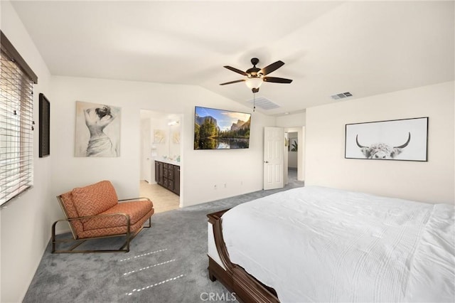4337 Rima Dr, Fontana, CA 92336 - bedroom with vaulted ceiling, carpet flooring, ceiling fan, and connected bathroom