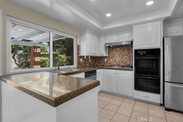 19924 Mildred Ave, Torrance, CA 90503 - kitchen featuring appliances with stainless steel finishes, a sink, under cabinet range hood, ornamental molding, and white cabinets