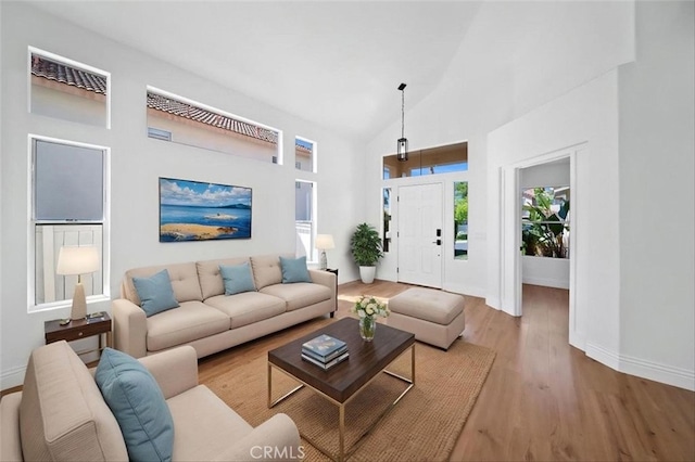 44779 Corte Sanchez, Temecula, CA 92592 - living room with baseboards, wood finished floors, and high vaulted ceiling