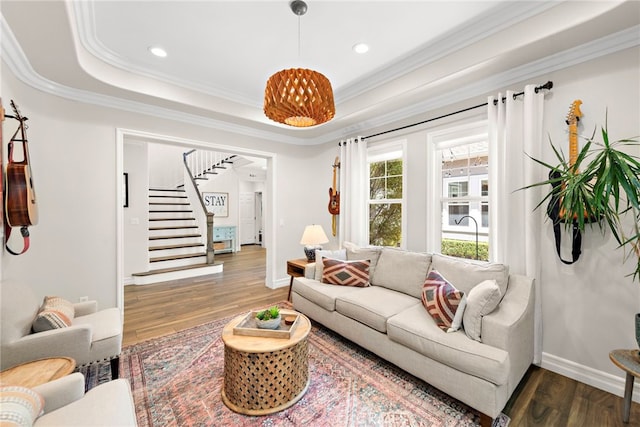 11 Markham Ln, Ladera Ranch, CA 92694 - living room with crown molding, stairway, recessed lighting, wood finished floors, and baseboards