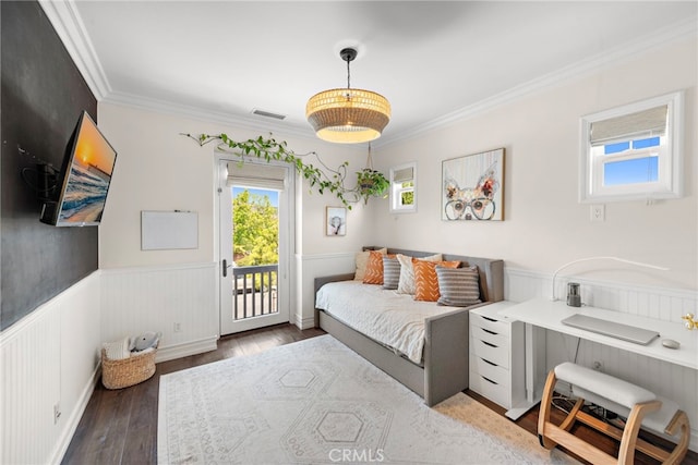11 Markham Ln, Ladera Ranch, CA 92694 - bedroom with a wainscoted wall, multiple windows, access to exterior, ornamental molding, and wood finished floors