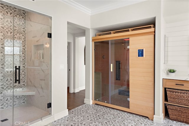 11 Markham Ln, Ladera Ranch, CA 92694 - bathroom with ornamental molding, a sauna / steam room, and a stall shower