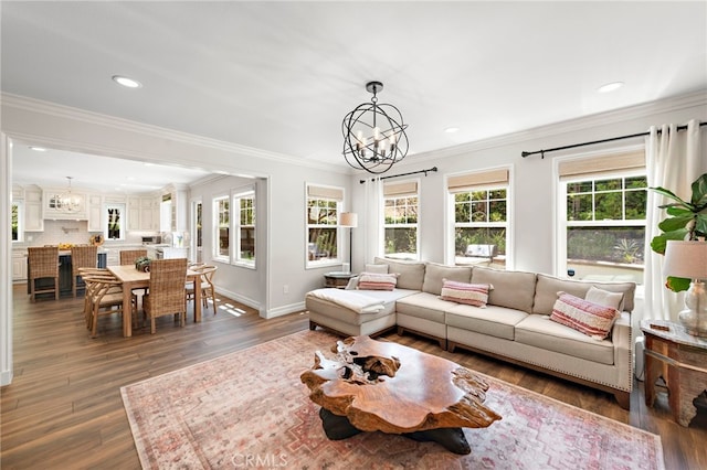 11 Markham Ln, Ladera Ranch, CA 92694 - living room with a chandelier, recessed lighting, wood finished floors, ornamental molding, and baseboards