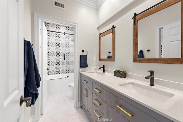 11 Markham Ln, Ladera Ranch, CA 92694 - bathroom featuring double vanity, ornamental molding, toilet, washtub / shower combination, and tile patterned floors