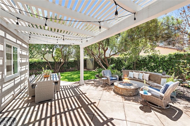 11 Markham Ln, Ladera Ranch, CA 92694 - fenced backyard with an outdoor living space with a fire pit, a patio, and a pergola