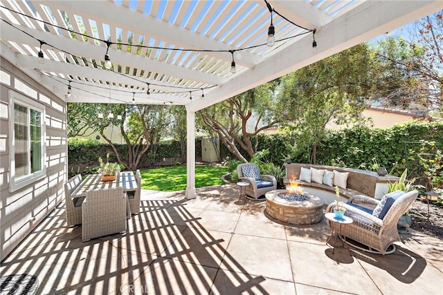 11 Markham Ln, Ladera Ranch, CA 92694 - fenced backyard with an outdoor living space with a fire pit, a patio, and a pergola