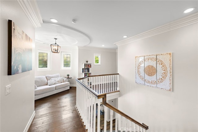 11 Markham Ln, Ladera Ranch, CA 92694 - hall with an upstairs landing, recessed lighting, hardwood / wood-style flooring, crown molding, and baseboards