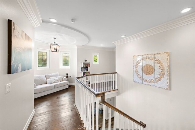 11 Markham Ln, Ladera Ranch, CA 92694 - corridor featuring an upstairs landing, recessed lighting, crown molding, hardwood / wood-style flooring, and a chandelier