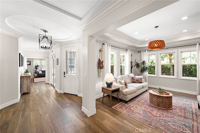 11 Markham Ln, Ladera Ranch, CA 92694 - living room featuring crown molding, a tray ceiling, healthy amount of natural light, dark wood-style flooring, and baseboards