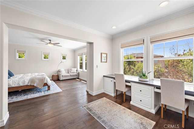 11 Markham Ln, Ladera Ranch, CA 92694 - bedroom with recessed lighting, ornamental molding, built in study area, dark wood-style floors, and a ceiling fan