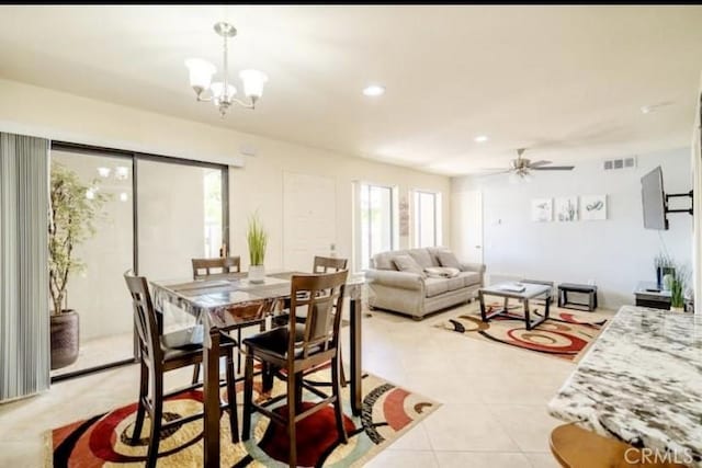 353 N Hermosa Dr Unit 7C1, Palm Springs, CA 92262 - dining room with light tile patterned flooring, a chandelier, ceiling fan, and recessed lighting