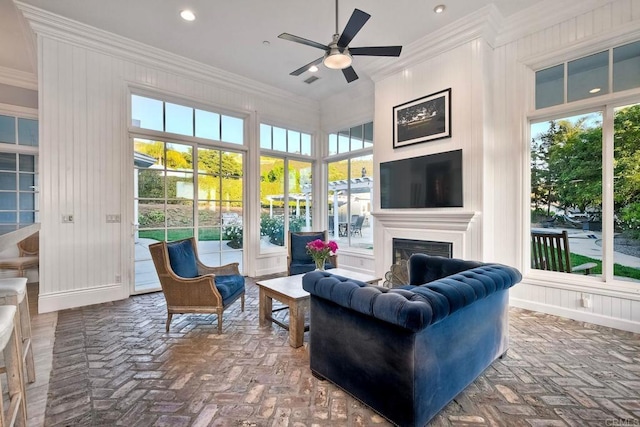 2507 Walinca Way, Vista, CA 92084 - living area with plenty of natural light, a ceiling fan, brick flooring, crown molding, and recessed lighting
