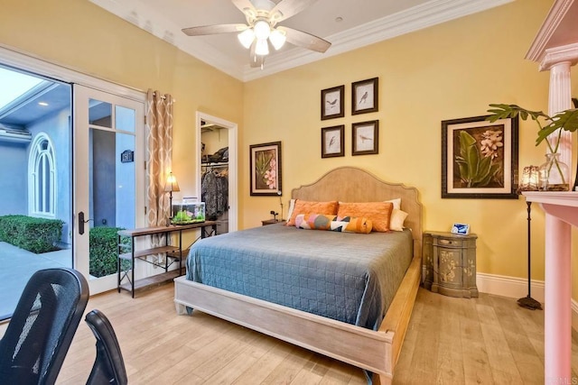2507 Walinca Way, Vista, CA 92084 - bedroom with hardwood / wood-style flooring, baseboards, crown molding, a spacious closet, and ceiling fan