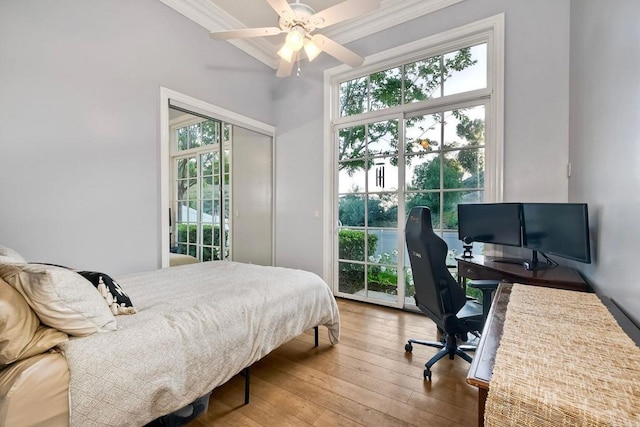 2507 Walinca Way, Vista, CA 92084 - bedroom with access to exterior, a desk, ornamental molding, wood-type flooring, and a ceiling fan