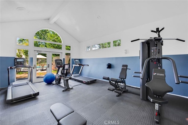 4240 Lost Hills Rd Unit 2102, Calabasas, CA 91301 - workout area with healthy amount of natural light, beam ceiling, high vaulted ceiling, french doors, and baseboards