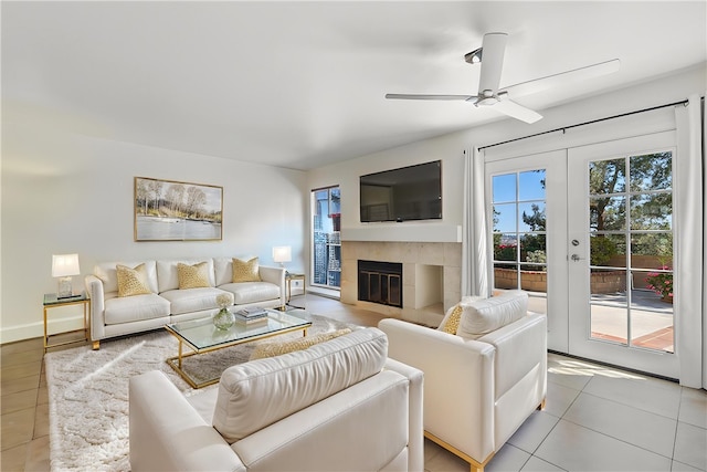 27982 Virginia, Mission Viejo, CA 92692 - tiled living area with ceiling fan, a tiled fireplace, and french doors