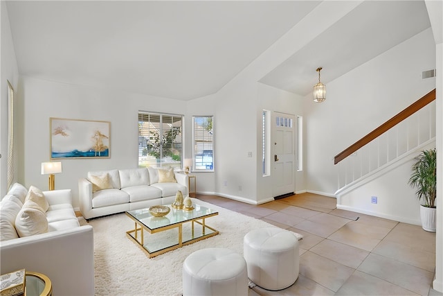 27982 Virginia, Mission Viejo, CA 92692 - living area with vaulted ceiling, stairs, and light tile patterned floors