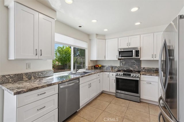 27982 Virginia, Mission Viejo, CA 92692 - kitchen with stainless steel appliances, white cabinetry, dark stone countertops, light tile patterned floors, and recessed lighting