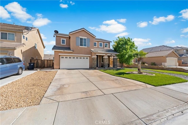 3116 Perdot Ave, Rosamond, CA 93560 - traditional-style home with an attached garage, driveway, stucco siding, and stone siding