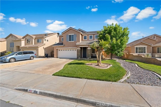 3116 Perdot Ave, Rosamond, CA 93560 - view of front of property featuring stucco siding, a garage, driveway, a residential view, and stone siding