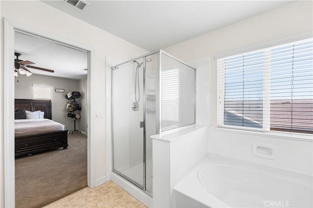 3116 Perdot Ave, Rosamond, CA 93560 - bathroom with connected bathroom, a stall shower, a bath, and a ceiling fan