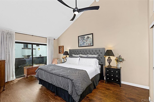 2284 Caminito Pajarito Unit 147, San Diego, CA 92107 - bedroom with high vaulted ceiling, access to outside, wood finished floors, baseboards, and ceiling fan
