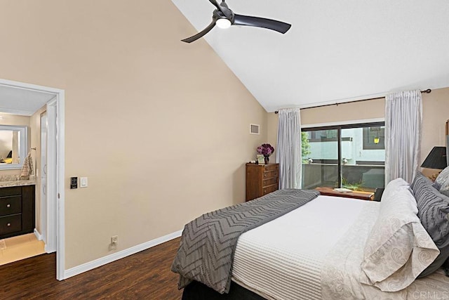2284 Caminito Pajarito Unit 147, San Diego, CA 92107 - bedroom featuring wood finished floors, access to exterior, baseboards, high vaulted ceiling, and ceiling fan