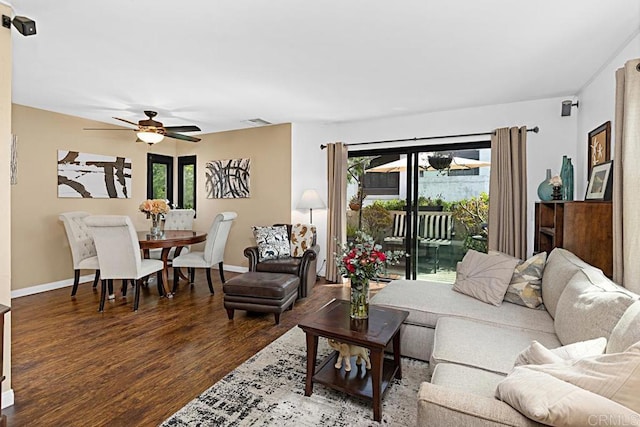 2284 Caminito Pajarito Unit 147, San Diego, CA 92107 - living room featuring wood finished floors, baseboards, and ceiling fan