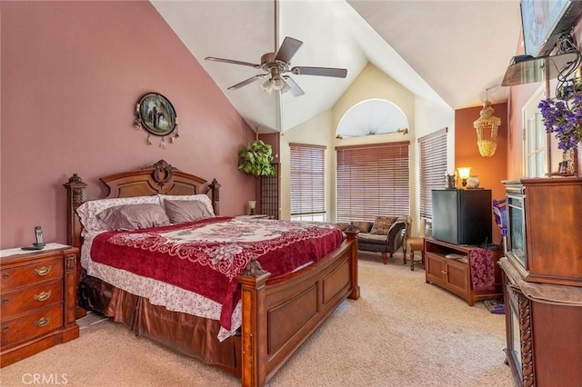 1290 3rd, Calimesa, CA 92320 - bedroom with light colored carpet, lofted ceiling, and a ceiling fan