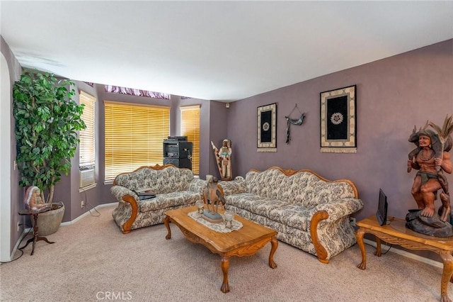 1290 3rd, Calimesa, CA 92320 - living room featuring a wood stove, carpet, and baseboards
