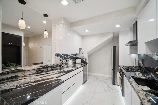 10659 Bloomfield St, Toluca Lake, CA 91602 - kitchen featuring wall chimney range hood, modern cabinets, stainless steel gas stovetop, refrigerator, and recessed lighting