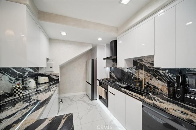 10659 Bloomfield St, Toluca Lake, CA 91602 - kitchen featuring wall chimney exhaust hood, dishwasher, refrigerator, black oven, and a sink