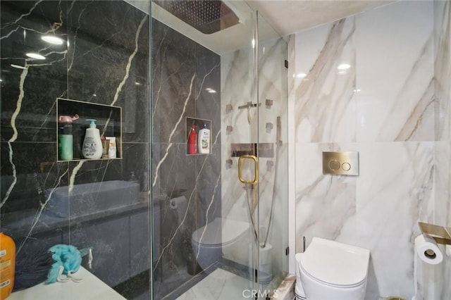 10659 Bloomfield St, Toluca Lake, CA 91602 - bathroom with toilet, a marble finish shower, marble finish flooring, and tile walls