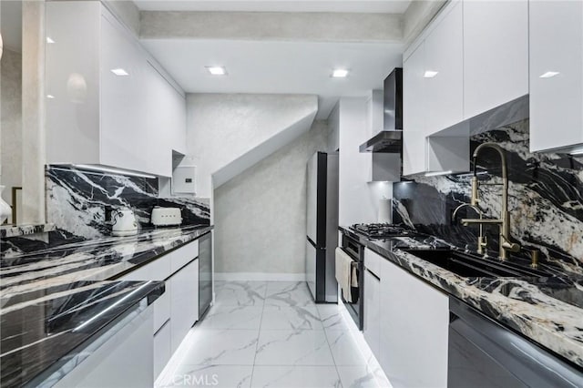 10659 Bloomfield St, Toluca Lake, CA 91602 - kitchen featuring wall chimney exhaust hood, dishwasher, modern cabinets, and white cabinetry