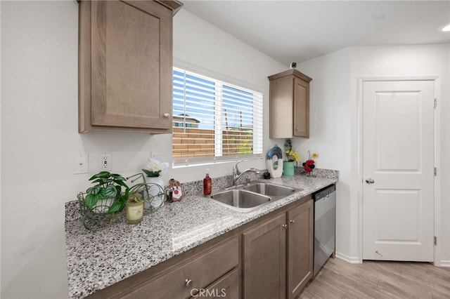 30769 Impala Ct, Winchester, CA 92596 - kitchen with a sink, dishwasher, light wood-style floors, baseboards, and light stone counters