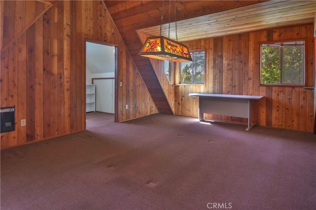 28680 Zion Dr, Lake Arrowhead, CA 92352 - unfurnished living room featuring lofted ceiling, wooden walls, carpet floors, and wood ceiling