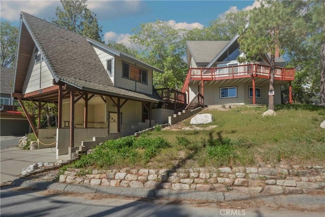 28680 Zion Dr, Lake Arrowhead, CA 92352 - view of front of home with stairs, roof with shingles, and a deck