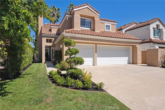 24775 Calle Serranona, Calabasas, CA 91302 - mediterranean / spanish house featuring concrete driveway, stucco siding, a front yard, and a tiled roof