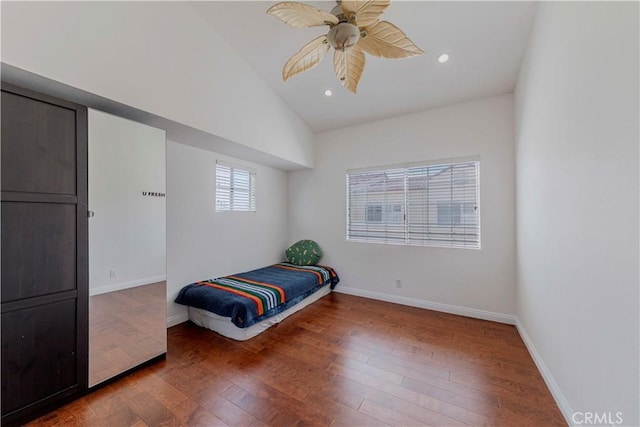 401 W 220th St Unit 40, Carson, CA 90745 - bedroom featuring vaulted ceiling, wood finished floors, baseboards, ceiling fan, and recessed lighting