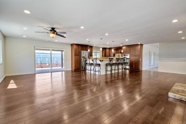 13815 Hilldale Rd, Valley Center, CA 92082 - living room featuring recessed lighting, a ceiling fan, baseboards, and dark wood-style floors